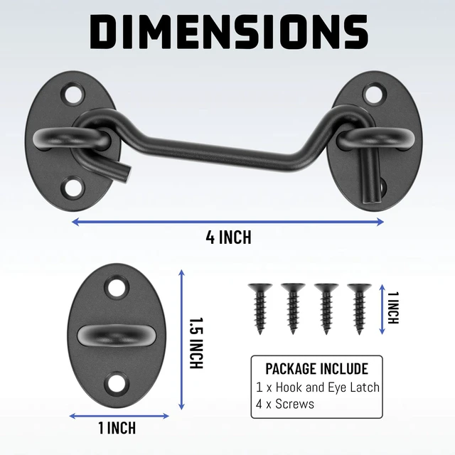 Alt view image 2 of 7 - 4" Hook and Eye Latch 1 Pack, Privacy Eye Hook Latch, Door Hook Lock, 1Pack | for Indoor Outdoor Slide/Barn/Shed/Door, Window, Fences Cabinet, Barn Door Latch