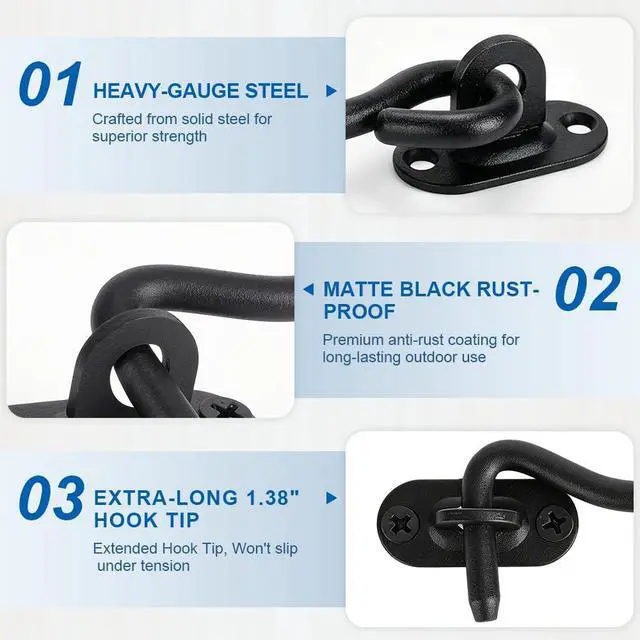 Alt view image 4 of 7 - 2 Pack 4" Privacy Hook and Eye Latch, Stainless Steel Barn Door Lock | Upgraded Matte Black Gate Latch for Sliding Door, Outdoor Fence, Wooden Cabinet, Window, Anti-Slip Extended Hook Tip