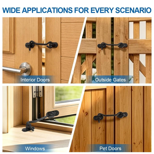 Alt view image 5 of 7 - 2 Pack 4" Privacy Hook and Eye Latch, Stainless Steel Barn Door Lock | Upgraded Matte Black Gate Latch for Sliding Door, Outdoor Fence, Wooden Cabinet, Window, Anti-Slip Extended Hook Tip