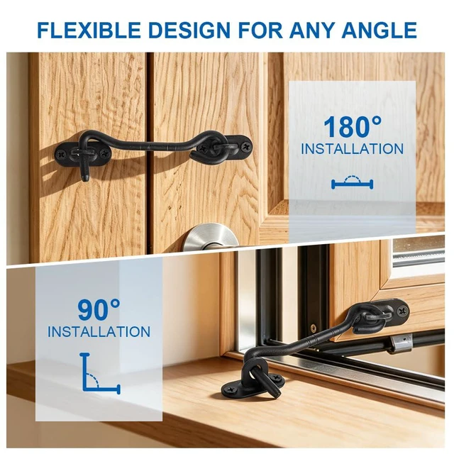 Alt view image 7 of 7 - 2 Pack 4" Privacy Hook and Eye Latch, Stainless Steel Barn Door Lock | Upgraded Matte Black Gate Latch for Sliding Door, Outdoor Fence, Wooden Cabinet, Window, Anti-Slip Extended Hook Tip