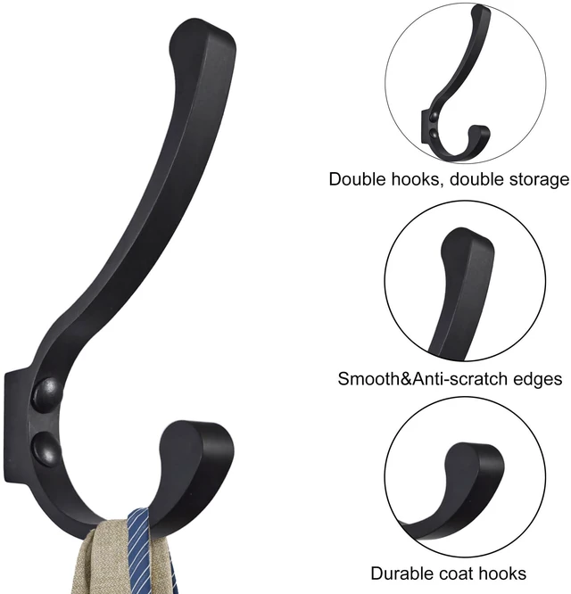 Alt view image 6 of 7 - Coat Hooks for Wall, Heavy Duty Large Wall Hooks for Hanging Wall Mounted Metal Robe Hooks Utility Hooks for Coat, Scarf, Bag, Towel, Key, Cap, Cup, Hat (Black, 2 Pack)