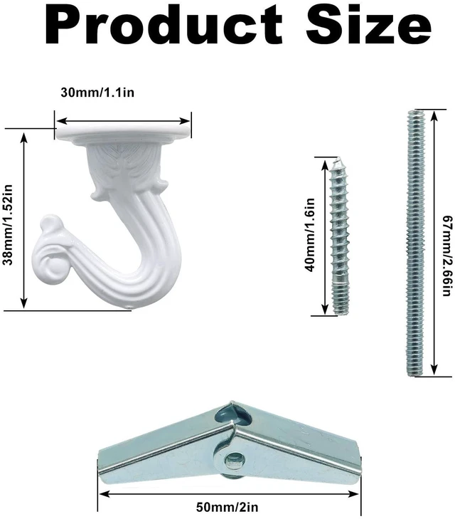 Alt view image 2 of 5 - 38mm/1.52" Ceiling Heavy Duty Hooks, White, 2 Sets | Indoor Outdoor, Swag Ceiling Hook Hardware, For Chandeliers/Wind Chimes/Ornament/Hanging Plants