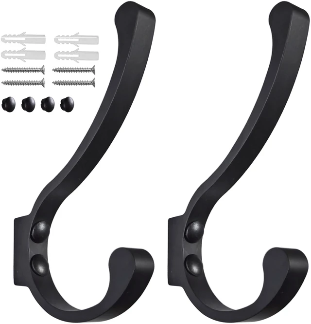 Main image of Coat Hooks for Wall, Heavy Duty Large Wall Hooks for Hanging Wall Mounted Metal Robe Hooks Utility Hooks for Coat, Scarf, Bag, Towel, Key, Cap, Cup, Hat (Black, 2 Pack)