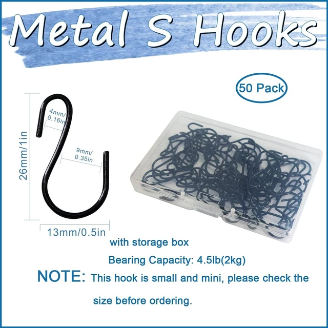 Alt view image 2 of 7 - Mini S Hooks for Hanging 50 Pack 1 Inch Small Black Rustproof Hooks | Metal S Shaped Hook for Plants, Jewelry, Keys No Drill with Storage Box
