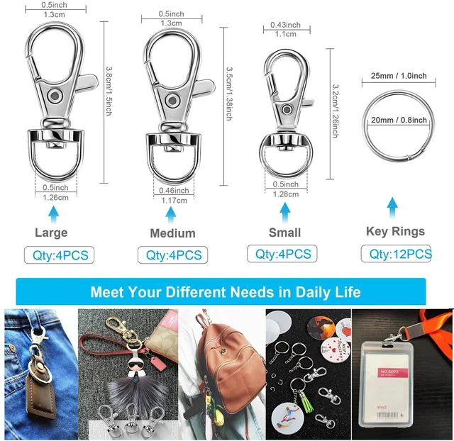 Alt view image 2 of 7 - Keychain Key Chain Rings Clips Swivel Bulk, Swivel Lanyard Snap Hooks (Small X 4pcs, Medium X 4pcs, Large X 4pcs) + Key Rings X 12pcs, for Keychain Crafts Resin, Lanyard, Bag, Purse,Tag