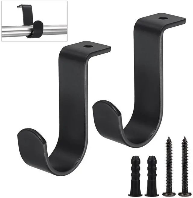 Main image of 2 Pack Curtain Rod Brackets for 1 Inch Rod, Sturdy Metal Ceiling Mounting | Black, Modern and Low Profile, with Screws, Easy to Install, Drape Accessories, Curtains Rods Holders for Home Office