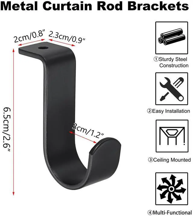 Alt view image 3 of 7 - 2 Pack Curtain Rod Brackets for 1 Inch Rod, Sturdy Metal Ceiling Mounting | Black, Modern and Low Profile, with Screws, Easy to Install, Drape Accessories, Curtains Rods Holders for Home Office
