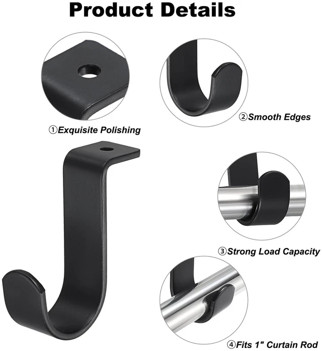 Alt view image 4 of 7 - 2 Pack Curtain Rod Brackets for 1 Inch Rod, Sturdy Metal Ceiling Mounting | Black, Modern and Low Profile, with Screws, Easy to Install, Drape Accessories, Curtains Rods Holders for Home Office
