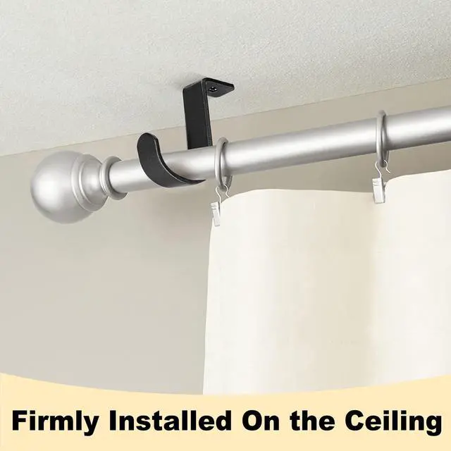 Alt view image 6 of 7 - 2 Pack Curtain Rod Brackets for 1 Inch Rod, Sturdy Metal Ceiling Mounting | Black, Modern and Low Profile, with Screws, Easy to Install, Drape Accessories, Curtains Rods Holders for Home Office