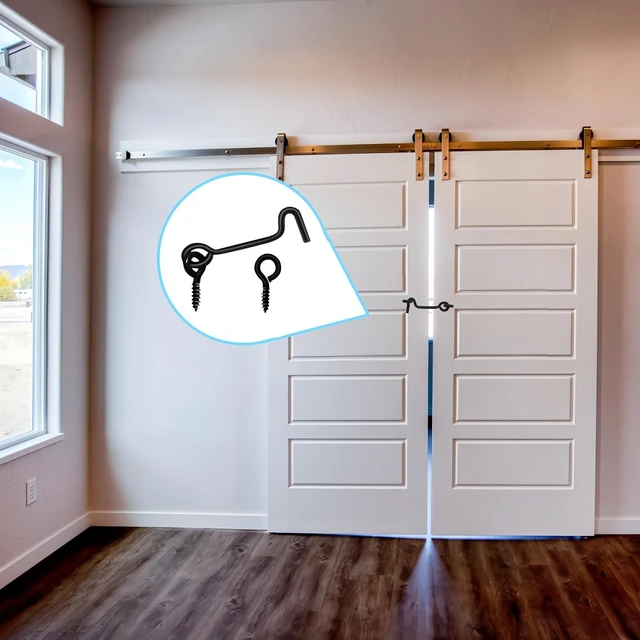 Alt view image 4 of 4 - 5 Pcs 2 Inch Cabin Hook and Eye Latch, Black Barn Door Latch Hook with Mounting Screws, Barn Door Lock for Wooden Window Gate Door