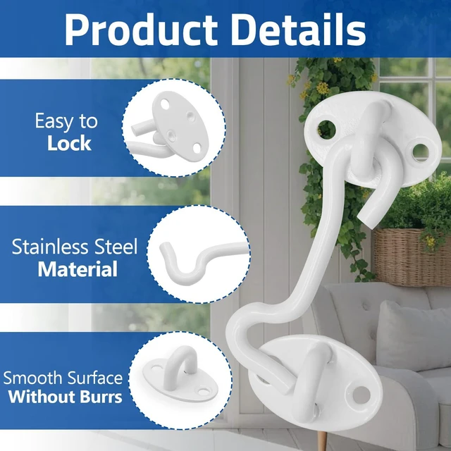 Alt view image 3 of 7 - 3 Inch Hook and Eye Latch, White, 1 Pack | Stainless Steel Barn Door Latch, Rust Resistant Powder Coating, Easy to Install, for Barn Door Fence Window Closet
