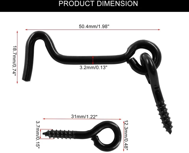 Alt view image 2 of 5 - 6Pcs Black Cabin Hook and Eye Latch, 2" | Swivel Window Hook Gate Door Latch, Mounting Screws Included, For Swivel Window Wood Gate Door