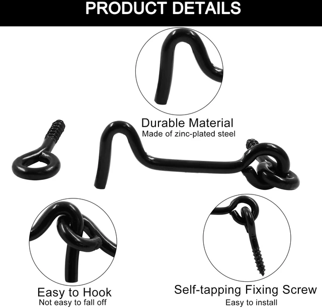 Alt view image 4 of 5 - 6Pcs Black Cabin Hook and Eye Latch, 2" | Swivel Window Hook Gate Door Latch, Mounting Screws Included, For Swivel Window Wood Gate Door