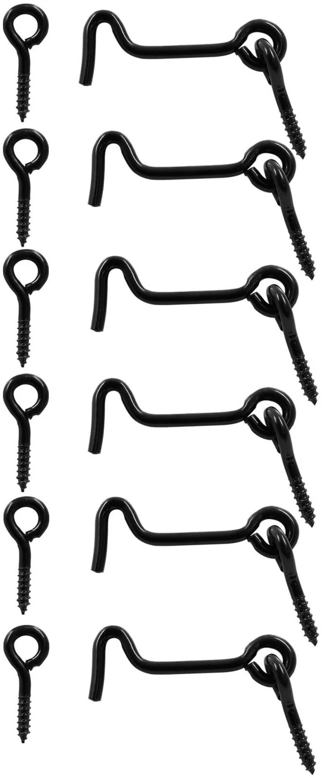 Alt view image 5 of 5 - 6Pcs Black Cabin Hook and Eye Latch, 2" | Swivel Window Hook Gate Door Latch, Mounting Screws Included, For Swivel Window Wood Gate Door