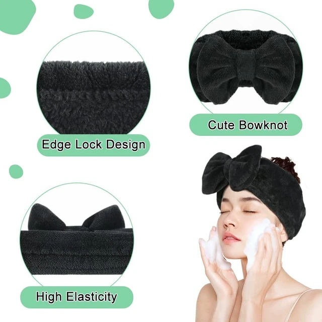 Alt view image 4 of 7 - Spa Headband, Soft Carol Fleece Makeup Headband with Cute Bow Elastic Hairband for Washing Face Skincare Facial Mask ShowersBlack