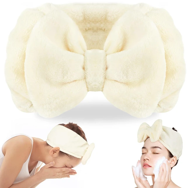 Main image of Spa Headband, Soft Makeup Headband for Washing Face | Women Skincare Headbands With Bow, Washable Coral Fleece, Wide Elastic Fit, Keeps Hair Back for Masks, and Showers