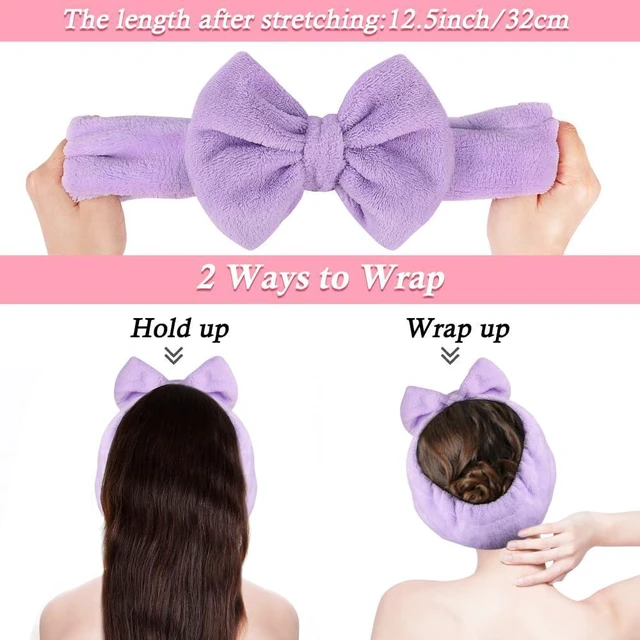 Alt view image 3 of 6 - Soft Spa Headband with Cute Bow for Makeup Washing FacePurple | Makeup Headbands for Women/Girls, Wide Elastic Fit, Stretches to 12.5 in, Washable, Holds Hair Back for Skincare Facial Mask