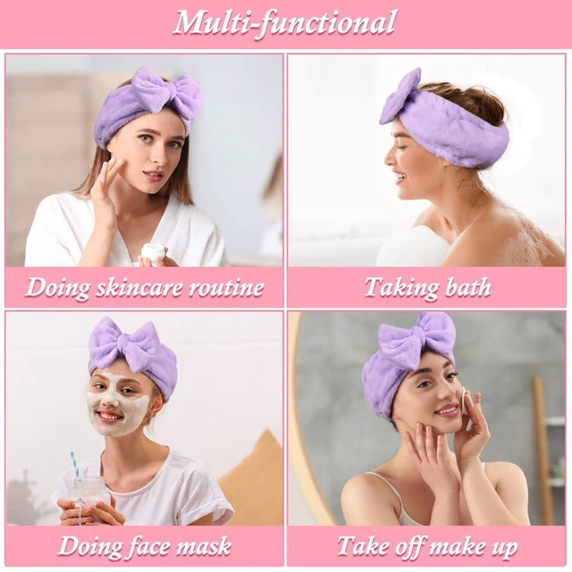 Alt view image 6 of 6 - Soft Spa Headband with Cute Bow for Makeup Washing FacePurple | Makeup Headbands for Women/Girls, Wide Elastic Fit, Stretches to 12.5 in, Washable, Holds Hair Back for Skincare Facial Mask