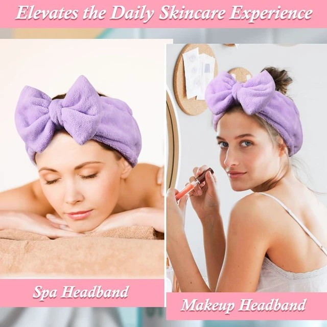 Alt view image 5 of 6 - Soft Spa Headband with Cute Bow for Makeup Washing FacePurple | Makeup Headbands for Women/Girls, Wide Elastic Fit, Stretches to 12.5 in, Washable, Holds Hair Back for Skincare Facial Mask