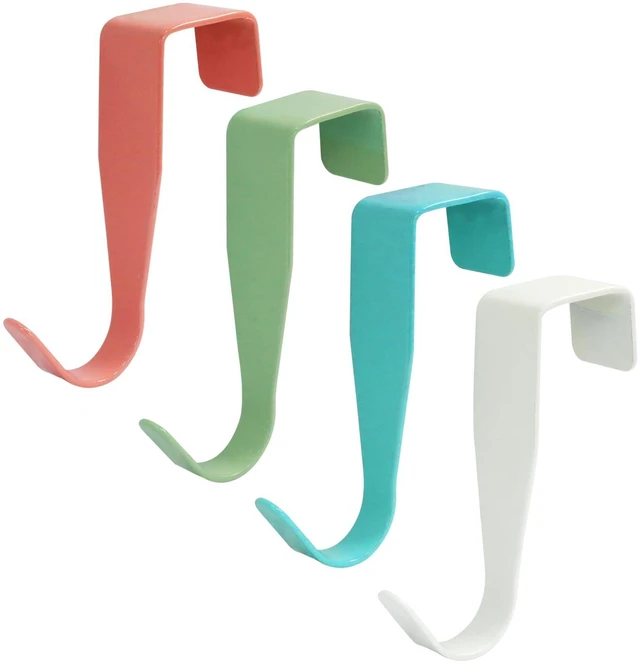 Alt view image 5 of 5 - 4 Pcs Over Cabinet Door Hook, J-Shape Carbon Steel, Multicolor | No-Drill Install, Fits Doors Up To 0.8" Thick, for Keys Hats Scarves Towels, Kitchen Bathroom Living Room
