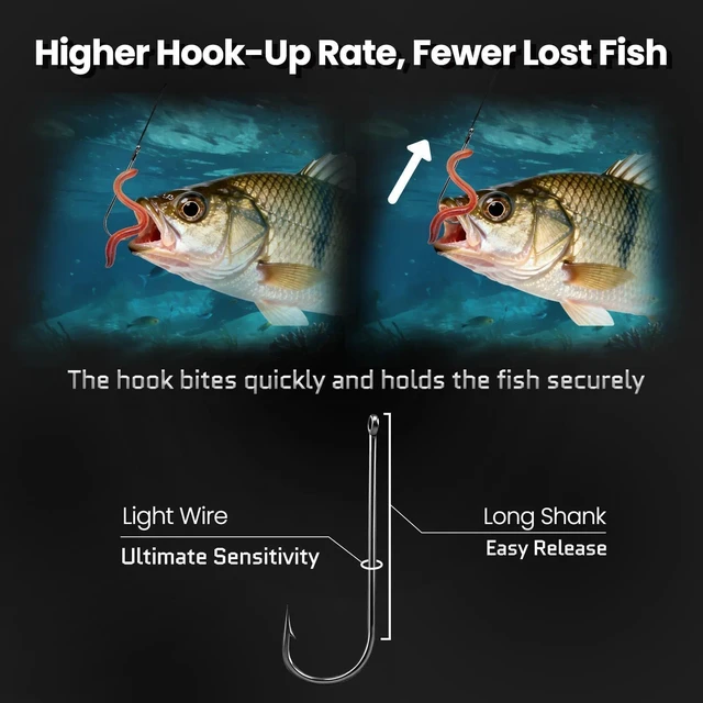 Alt view image 2 of 7 - 100Pcs Aberdeen Fishing Hooks, Long Shank Hooks for Freshwater | High Carbon Steel, Ultra Sharp Light Wire, Live Bait Hooks for Sunfish Bass Trout Crappie Bream Panfish Bluegill Size 16#-6/0