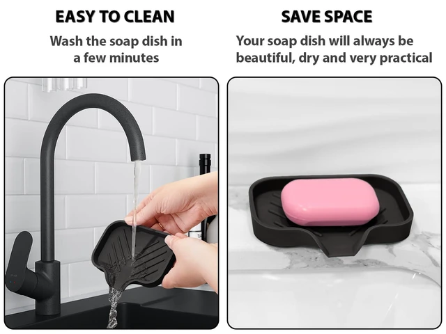 Alt view image 7 of 7 - Black Silicone Soap Dish Tray, Self Draining Soap Holder for Bar Soap, Silicone Soap Tray with Drainage, Dish Soap Tray for Kitchen Counter, Plastic Free, S(4.7x3.5)