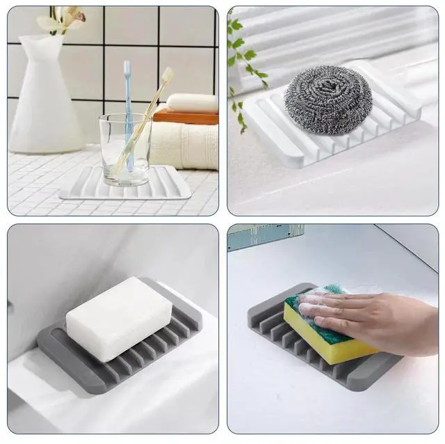 Alt view image 2 of 7 - 2PCS Self Draining Soap Dishes, Premium Silicone Soap Holder & Saver for Shower, Bathroom, Bath Tub, Razor, Sponges, Bar Soap Dish to Keep Soap Dry, Can Extend Soap Life, Easy Clean (White)