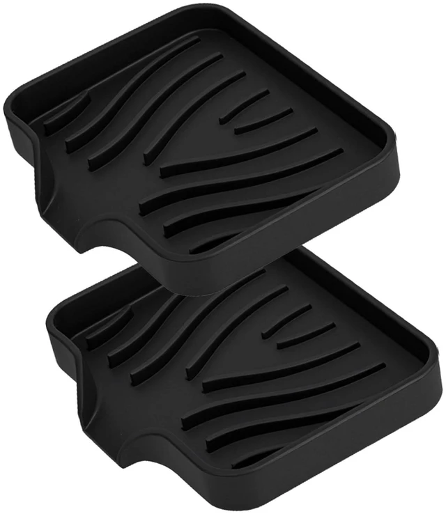 Main image of 2 Pack Silicone Soap Dish with Drain, Self Draining Bar Soap Holder for Shower, Silicone Dish Soap Tray, Bathroom and Kitchen Sink Organizer, Black