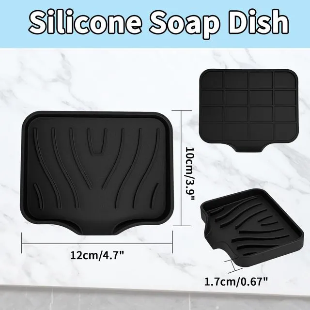 Alt view image 2 of 7 - 2 Pack Silicone Soap Dish with Drain, Self Draining Bar Soap Holder for Shower, Silicone Dish Soap Tray, Bathroom and Kitchen Sink Organizer, Black