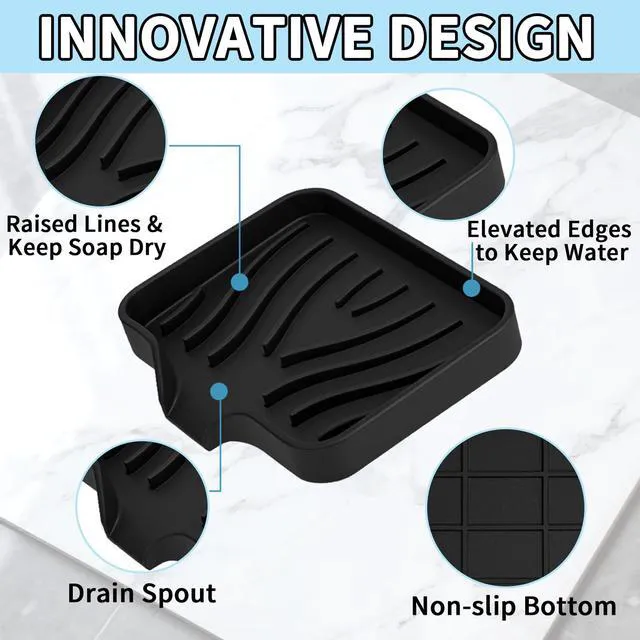 Alt view image 4 of 7 - 2 Pack Silicone Soap Dish with Drain, Self Draining Bar Soap Holder for Shower, Silicone Dish Soap Tray, Bathroom and Kitchen Sink Organizer, Black