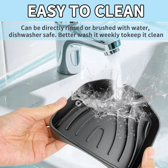 Alt view image 6 of 7 - 2 Pack Silicone Soap Dish with Drain, Self Draining Bar Soap Holder for Shower, Silicone Dish Soap Tray, Bathroom and Kitchen Sink Organizer, Black