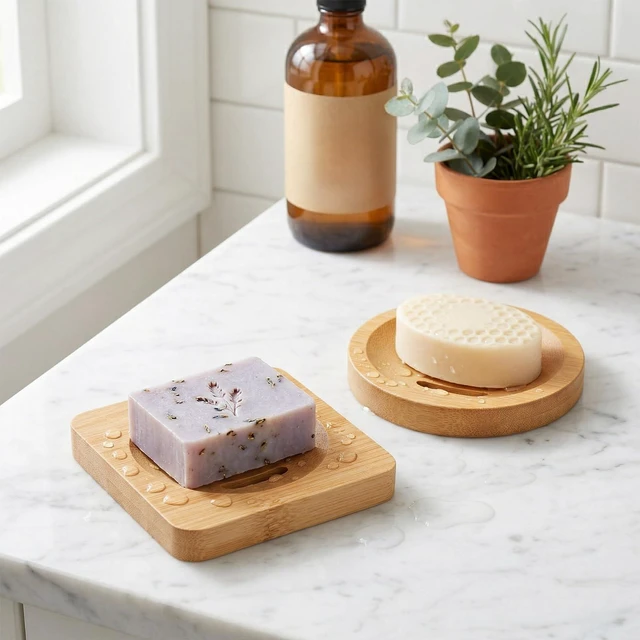 Alt view image 4 of 7 - 2 Pcs Bamboo Soap Dish Holders, Shower Steamer Holder, Round Natural Wooden Soap Trays, Rustic Bathroom Accessories for Kitchen Bathroom Accessories(Round and Square)