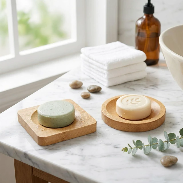 Alt view image 5 of 7 - 2 Pcs Bamboo Soap Dish Holders, Shower Steamer Holder, Round Natural Wooden Soap Trays, Rustic Bathroom Accessories for Kitchen Bathroom Accessories(Round and Square)