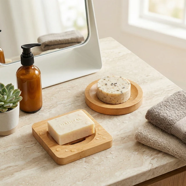 Alt view image 6 of 7 - 2 Pcs Bamboo Soap Dish Holders, Shower Steamer Holder, Round Natural Wooden Soap Trays, Rustic Bathroom Accessories for Kitchen Bathroom Accessories(Round and Square)