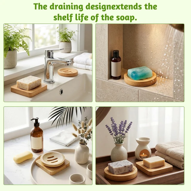 Alt view image 7 of 7 - 2 Pcs Bamboo Soap Dish Holders, Shower Steamer Holder, Round Natural Wooden Soap Trays, Rustic Bathroom Accessories for Kitchen Bathroom Accessories(Round and Square)