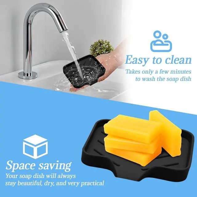 Alt view image 5 of 7 - Silica Gel Soap Dish with Drain, Black, 4.8x3.5 Inch | 1 Pack, Self Draining, For Shower, Bathroom and Kitchen, Bar Soap Holder