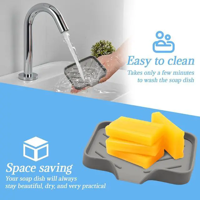 Alt view image 6 of 7 - Silica Gel Soap Dish with Drain, Grey, 4.8x3.5 Inch | 1 Pack, Self Draining Soap Tray, For Shower, Bathroom and Kitchen, Sink Organizer, Bar Soap Holder