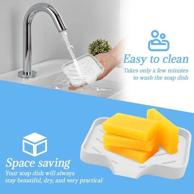 Alt view image 3 of 7 - Silica Gel Soap Dish with Drain, White, 4.8x3.5 Inch | 1 Pack, Self Draining Soap Tray, For Shower, Bathroom and Kitchen, Sink Organizer, Bar Soap Holder