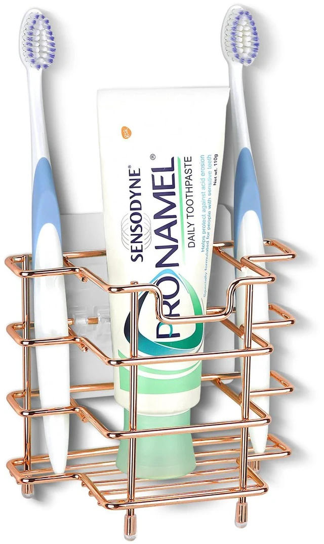 Main image of Wall Mount/Countertop Toothbrush Holder for Shower, Stainless Steel Toothpaste Stand, 3 Slots Organizer Compatible with Colgate Extra Clean, Oral-B CrossAction (Rose Gold)