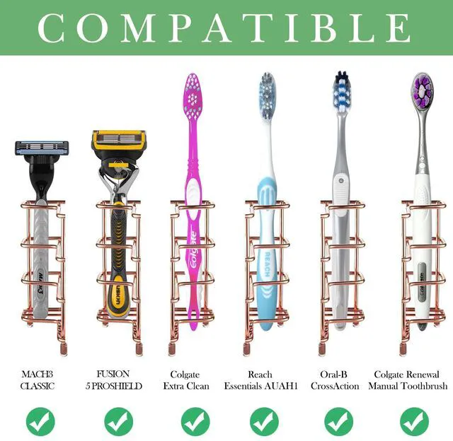 Alt view image 2 of 6 - Wall Mount/Countertop Toothbrush Holder for Shower, Stainless Steel Toothpaste Stand, 3 Slots Organizer Compatible with Colgate Extra Clean, Oral-B CrossAction (Rose Gold)