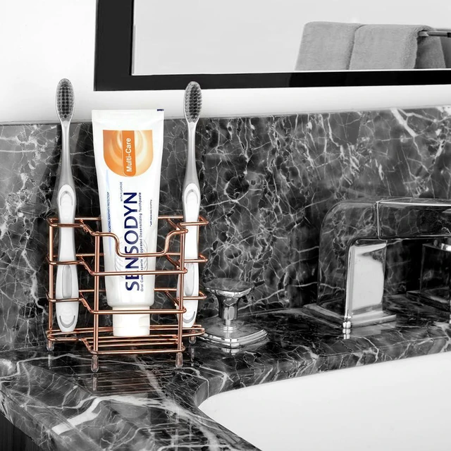 Alt view image 6 of 6 - Wall Mount/Countertop Toothbrush Holder for Shower, Stainless Steel Toothpaste Stand, 3 Slots Organizer Compatible with Colgate Extra Clean, Oral-B CrossAction (Rose Gold)