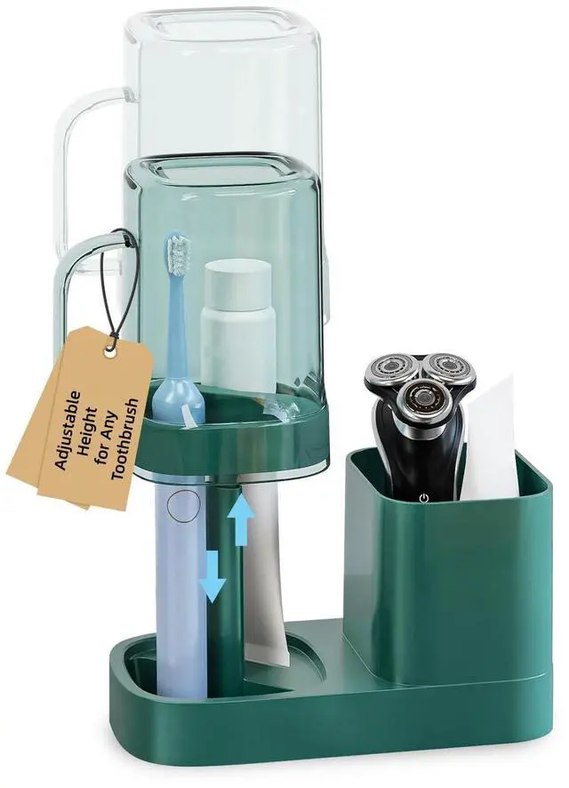 Main image of Toothbrush Holder with Cup/Cover Contains 2 Slots, Bathroom Counter Organizer for Electric Toothbrush, Toothpaste, Razors & Comb, Tooth Paste Holder Adjustable Height for Home Hotel Countertop,Green