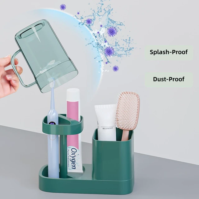 Alt view image 2 of 7 - Toothbrush Holder with Cup/Cover Contains 2 Slots, Bathroom Counter Organizer for Electric Toothbrush, Toothpaste, Razors & Comb, Tooth Paste Holder Adjustable Height for Home Hotel Countertop,Green