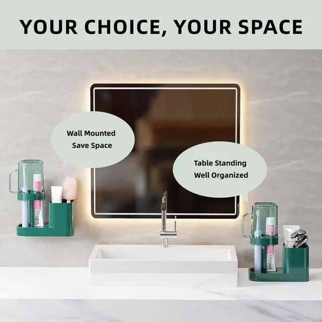 Alt view image 6 of 7 - Toothbrush Holder with Cup/Cover Contains 2 Slots, Bathroom Counter Organizer for Electric Toothbrush, Toothpaste, Razors & Comb, Tooth Paste Holder Adjustable Height for Home Hotel Countertop,Green