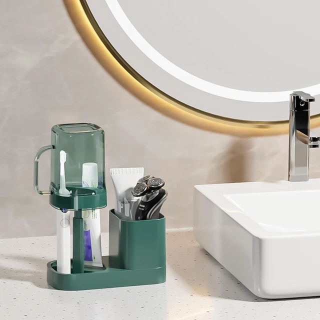 Alt view image 7 of 7 - Toothbrush Holder with Cup/Cover Contains 2 Slots, Bathroom Counter Organizer for Electric Toothbrush, Toothpaste, Razors & Comb, Tooth Paste Holder Adjustable Height for Home Hotel Countertop,Green