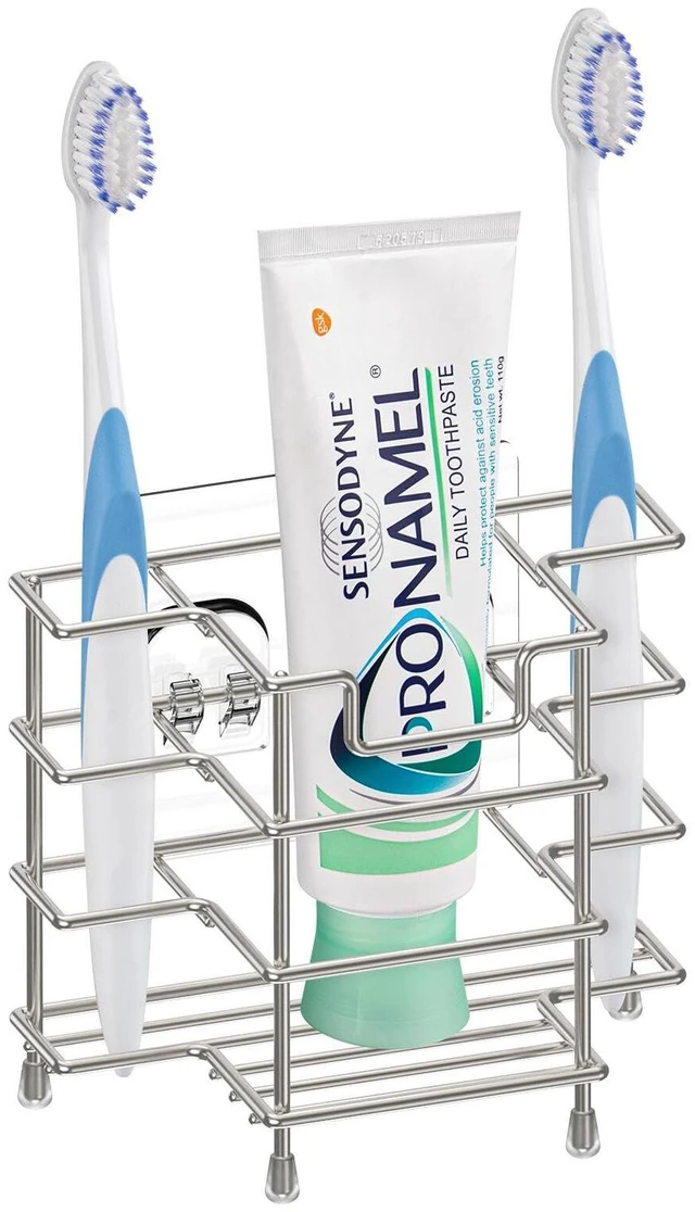 Main image of Stainless Steel Self-Adhesive Toothbrush Holder, Countertop/Wall Mount 3 Slots Toothpaste Stand Organizer Compatible with Colgate Extra Clean, Oral-B CrossAction (Brushed Nickel)