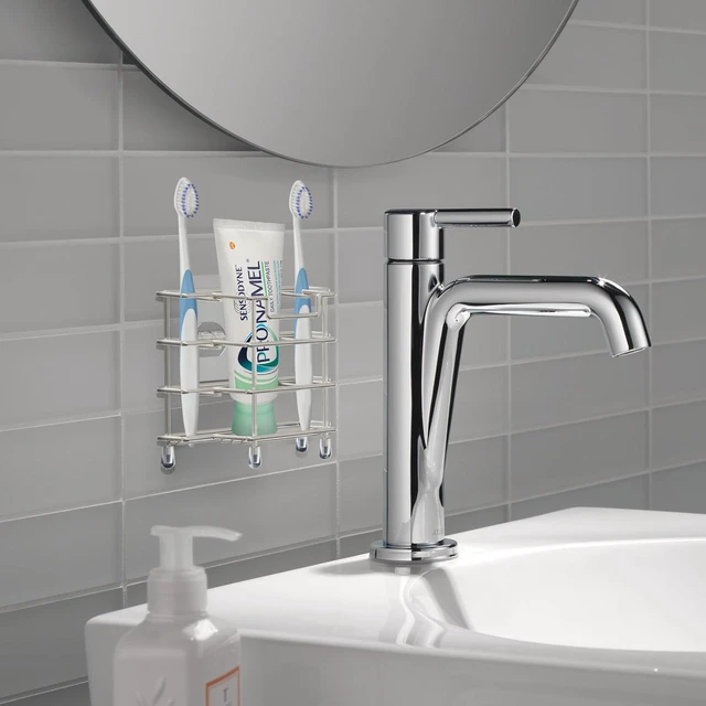 Alt view image 6 of 6 - Stainless Steel Self-Adhesive Toothbrush Holder, Countertop/Wall Mount 3 Slots Toothpaste Stand Organizer Compatible with Colgate Extra Clean, Oral-B CrossAction (Brushed Nickel)
