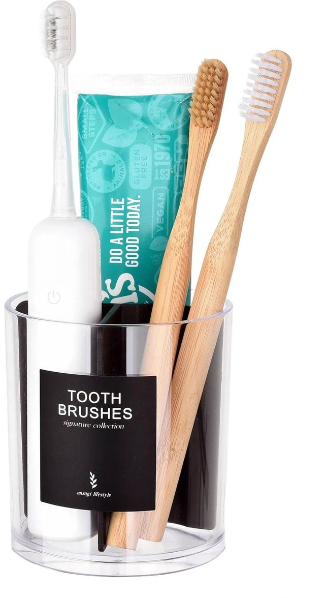 Main image of Acrylic Toothbush Hoder with Divider for Bathroom Decor, Thick Clear Plastic Electronic Toothbrush and Toothpaste Organizer Stand for Vanity Countertops, Bathroom Essentials Accessories, Black