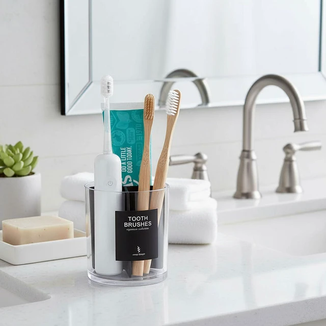 Alt view image 4 of 4 - Acrylic Toothbush Hoder with Divider for Bathroom Decor, Thick Clear Plastic Electronic Toothbrush and Toothpaste Organizer Stand for Vanity Countertops, Bathroom Essentials Accessories, Black