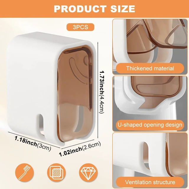 Alt view image 3 of 7 - 3Pack WallMount Toothbrush Holders with FlipCover,NoDrill Adhesive SingleSlot Bathroom Organizer